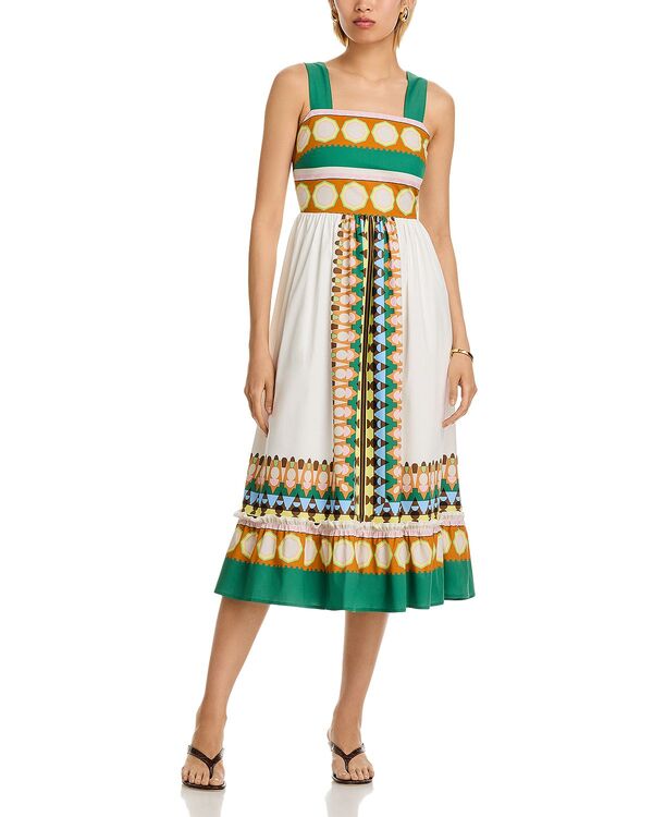 ティー・タハリ レディース トップス ワンピース プリント ミディ Tahari Printed Square Neck Midi Dresstep Stone/White Star ホワイト