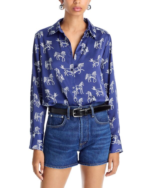 アクア レディース トップス シャツ プリント AQUA Horse Print Relaxed Shirt -Exclusive Navy/Ivory アイボリー|ReVida 店