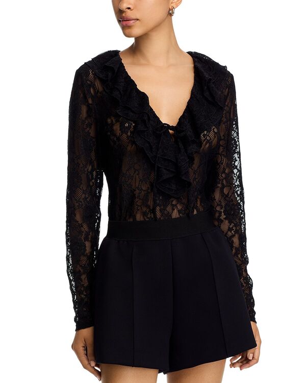 スティーブ マデン レディース トップス シャツ フリル レース STEVE MADDEN Elvie Ruffle Front Lace Top Black ブラック