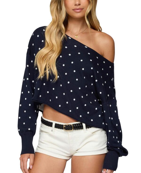 アディクテッド レディース アウター ニット・セーター ドット柄 ドット Edikted Oversized Off Shoulder Polka Dot Sweater Navy ネイビー