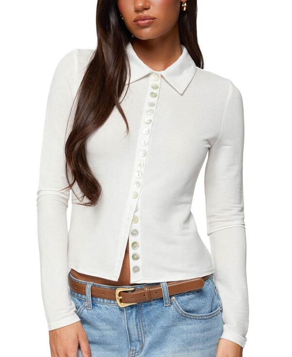アディクテッド レディース トップス シャツ Edikted Pennie Iridescent Button Up Shirt Cream クリーム