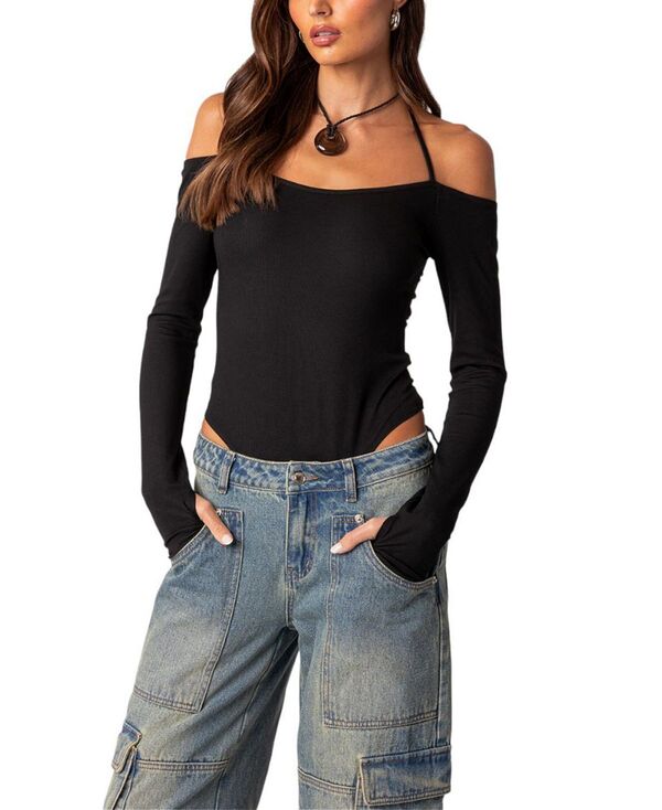 アディクテッド レディース トップス シャツ リブ ボディースーツ Edikted Model Off Duty Ribbed Bodysuit Black ブラック