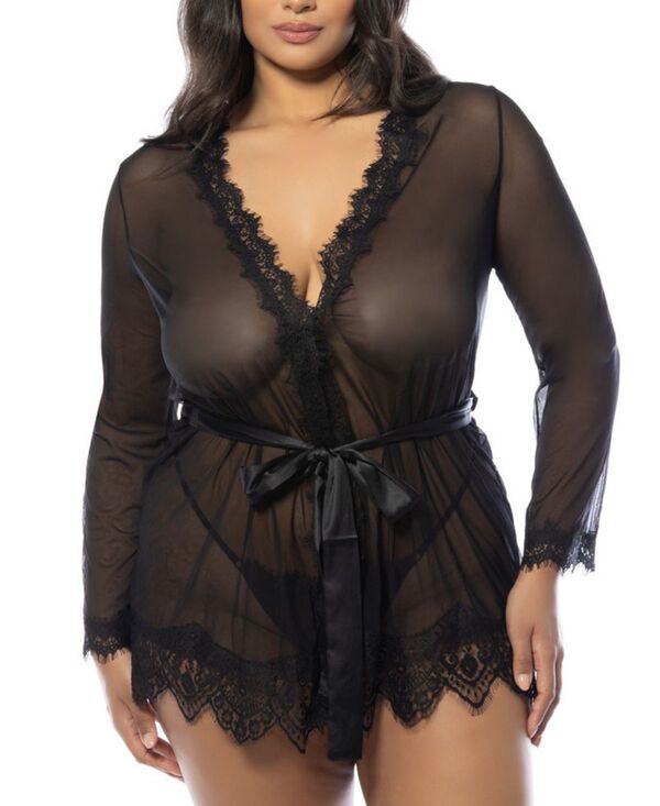 ララシェリ レディース アンダーウェア ナイトウェア プラスサイズ レース Oh La Cheri Plusize Provenceyelash Lace Robe with Sash and G-string Panty Black ブラック|ReVida 店