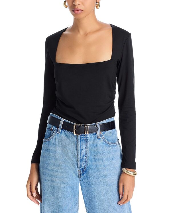 アクア レディース トップス シャツ ギャザー AQUA Ruched Waist Square Neck Top - Exclusive Black ブラック