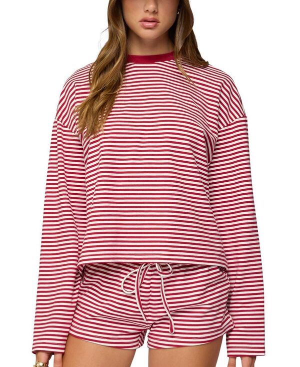 アディクテッド レディース トップス シャツ Edikted Jainee Striped Long Sleeve T Shirt Burgundy バーガンディ