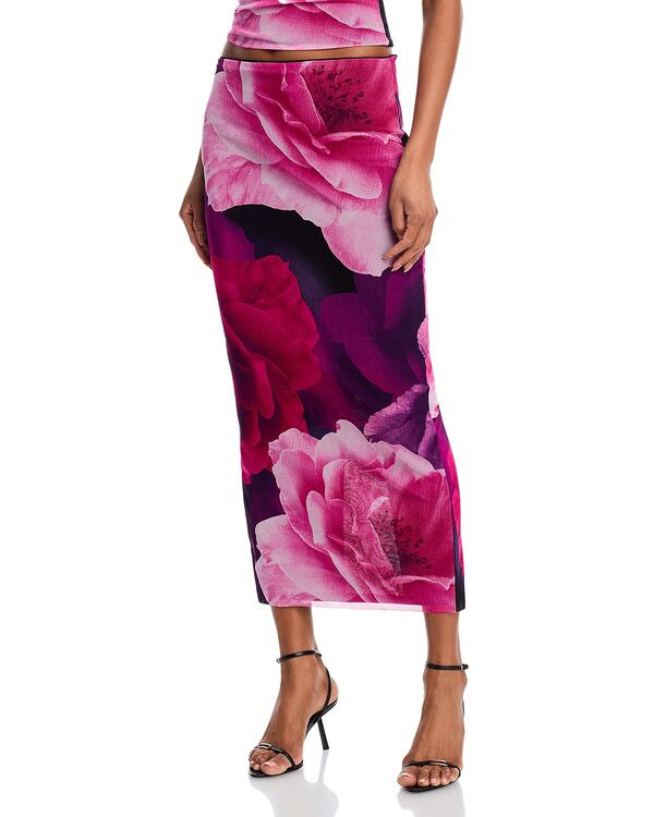 アクア レディース ボトムスカート フラワー柄 メッシュ ミディ フラワー AQUA Floral Mesh Midi Skirt - Exclusive Black Floral ブラック