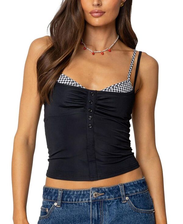 アディクテッド レディース トップス タンクトップ ギンガムチェック ギンガム Edikted Gingham Layered Tank Top Black ブラック