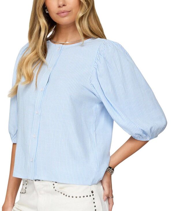 アディクテッド レディース トップス シャツ リネン Edikted Pinstripe Linen Look Button Up Shirt Light Blue ブルー