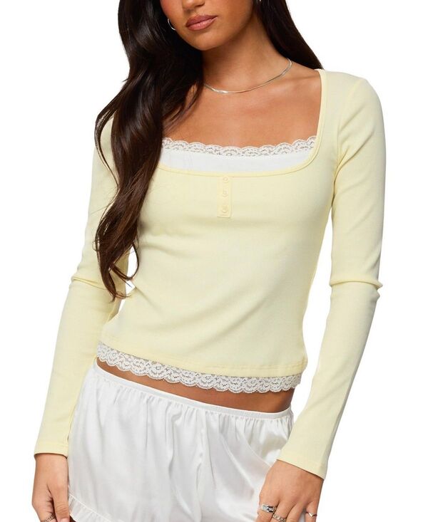 アディクテッド レディース トップス シャツ レース Edikted Joana Layered Lacey Henley Top Yellow イエロー