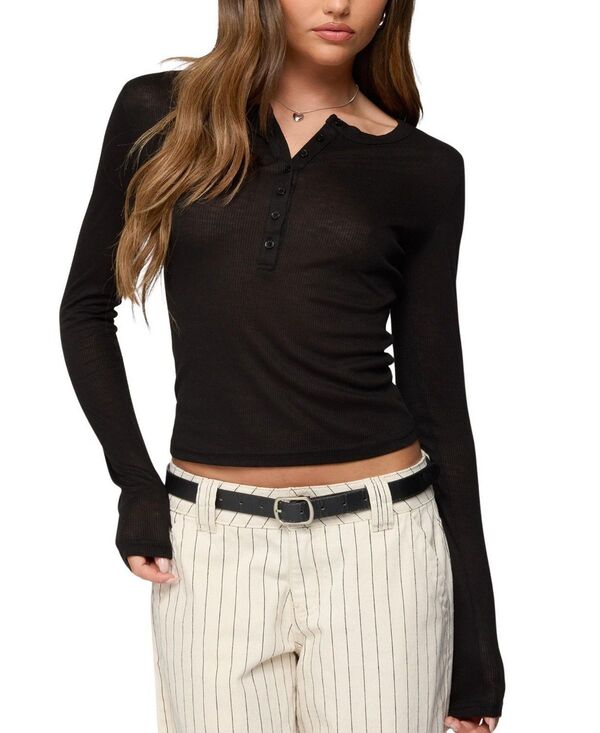 アディクテッド レディース トップス シャツ リブ Edikted Nettie Ribbed Henley Top Black ブラック