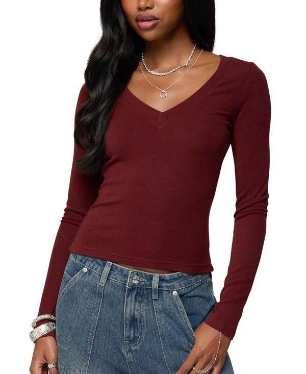 アディクテッド レディース トップス シャツ Vネック リブ Edikted Larna V Neck Ribbed T Shirt Burgundy バーガンディ