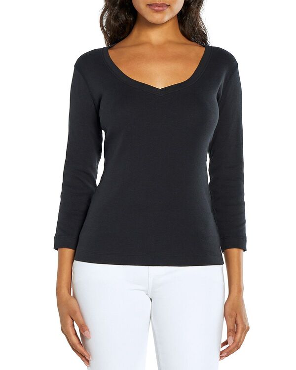 スリードッツ レディース トップス Tシャツ Vネック コットン Three Dots Cotton V Neck Three Quarter Sleeve Tee Black ブラック｜ReVida 店