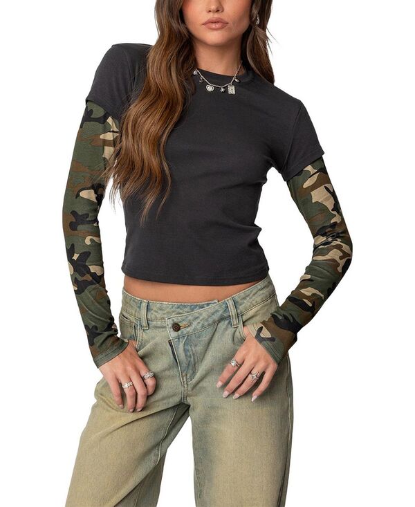 アディクテッド レディース トップス シャツ Edikted Camo Layered Long Sleeve T Shirt Dark Gray グレー