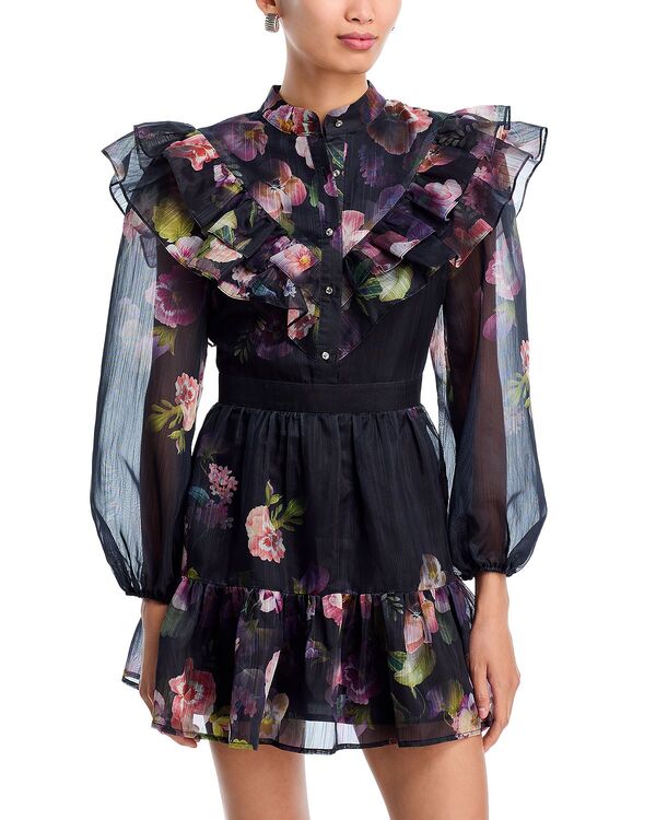 アクア レディース トップス ワンピース フラワー柄 フリル フラワー AQUA Floral Ruffle Trim Dress - Exclusive Black Multi ブラック