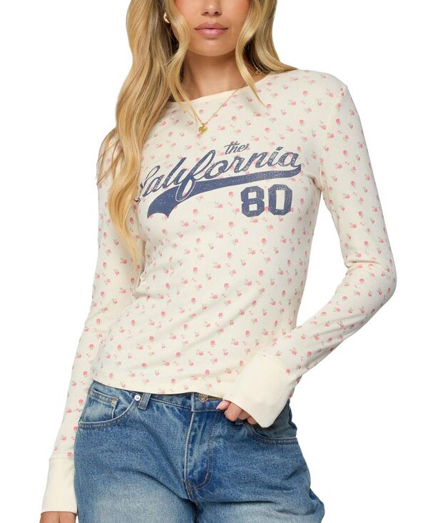 アディクテッド レディース トップス シャツ フラワー柄 リブ フラワー Edikted Cali Floral Ribbed Long Sleeve T Shirt Cream クリーム