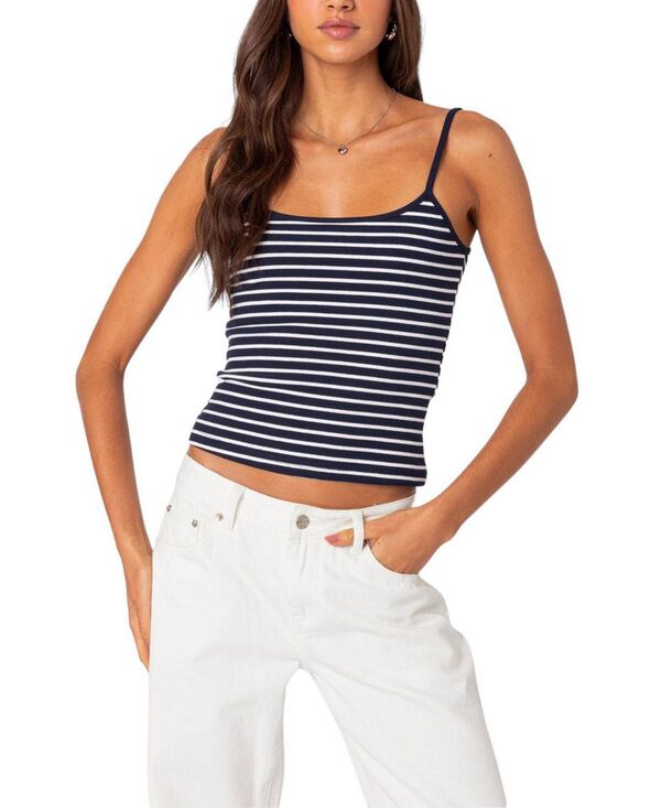 アディクテッド レディース トップス タンクトップ リブ Edikted Gretta Striped Ribbed Tank Top Navy And White ホワイト