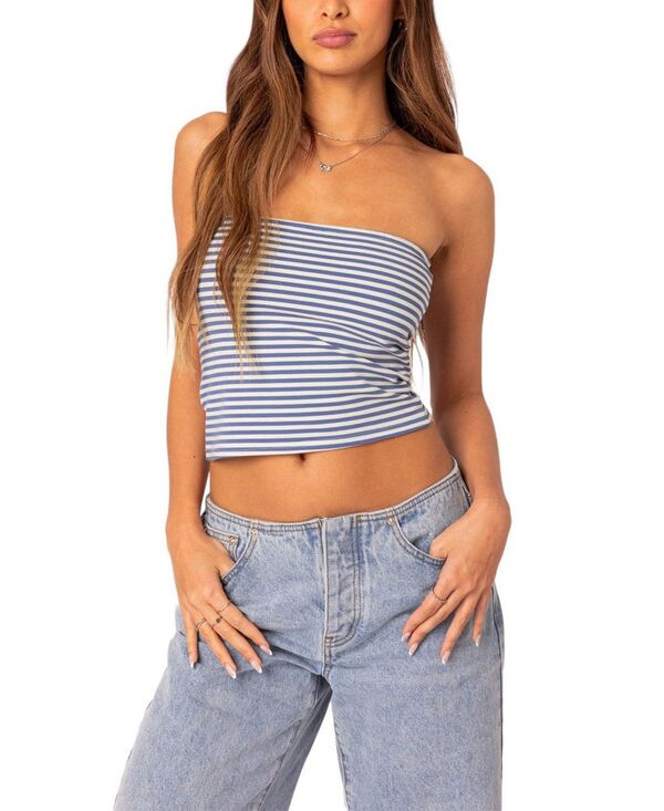 アディクテッド レディース トップス シャツ Edikted Lilah Striped Tube Top Blue and White ホワイト