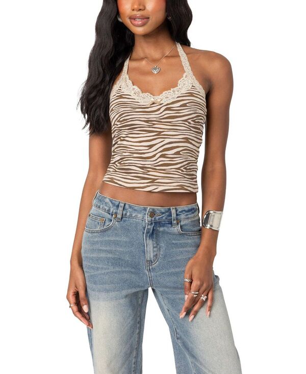 アディクテッド レディース トップス シャツ プリント ホルター Edikted Zebra Printed Halter Top Beige ベージュ