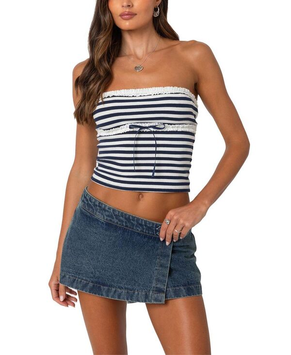 アディクテッド レディース トップス シャツ Edikted Striped Eyeletrim Tube Top Navy And White ホワイト