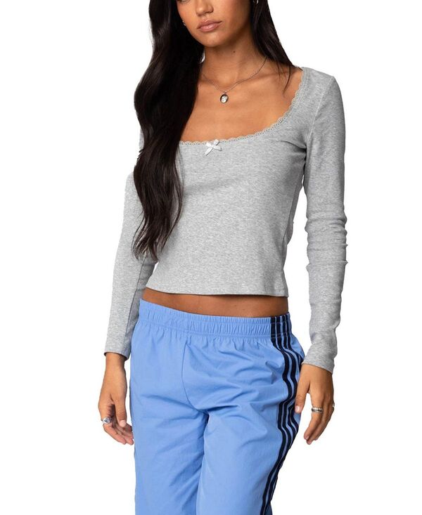 アディクテッド レディース トップス シャツ レーストリム リブ レース Edikted Mora Lace Trim Ribbed T Shirt Gray Melange グレー
