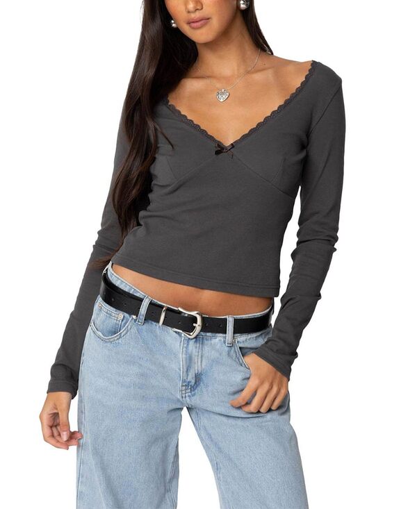 アディクテッド レディース トップス シャツ レーストリム レース Edikted Adrienne Lace Trim Top Dark Gray グレー