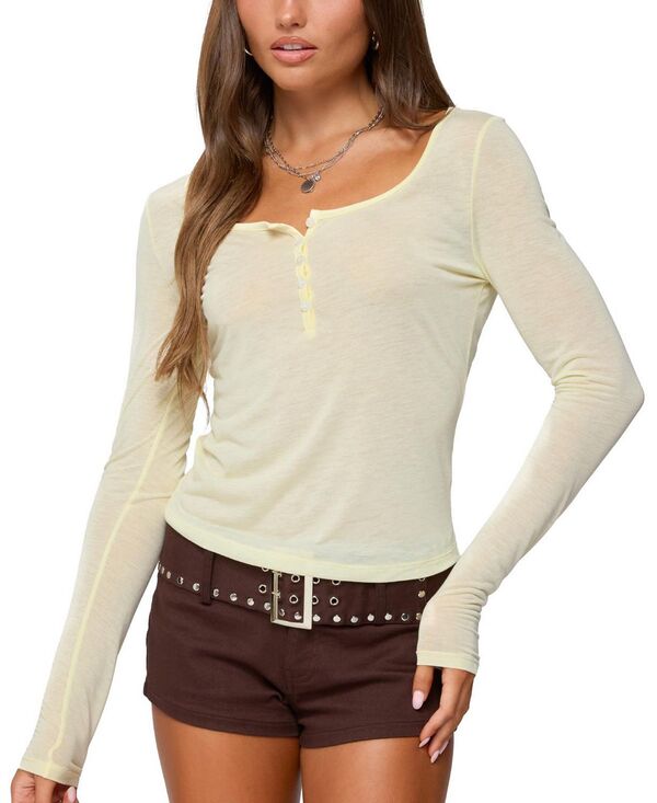 アディクテッド レディース トップス シャツ シアー Edikted Ria Sheer Long Sleeve Henley Top Yellow イエロー