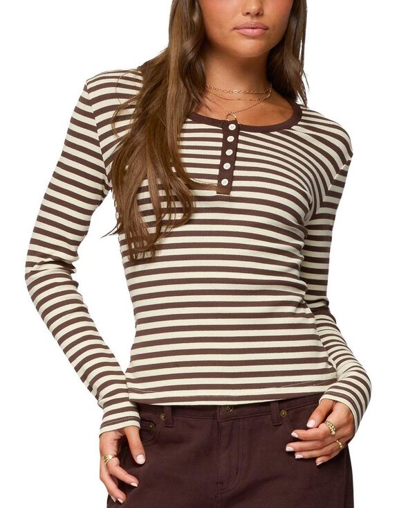 アディクテッド レディース トップス シャツ Edikted Roma Striped Henley Top Brown ブラウン
