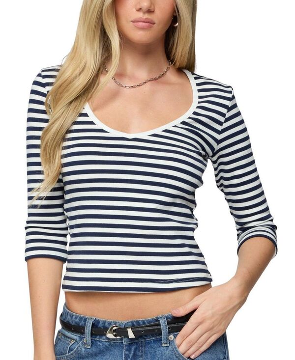 アディクテッド レディース トップス シャツ Vネック Edikted Poppie Striped V Neck Top Navy-and-White ホワイト