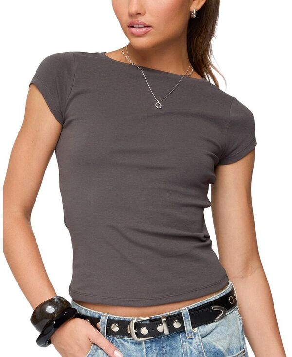 アディクテッド レディース トップス シャツ リブ Edikted Oliana Ribbed Boat Neck T-Shirt Dark Gray グレー
