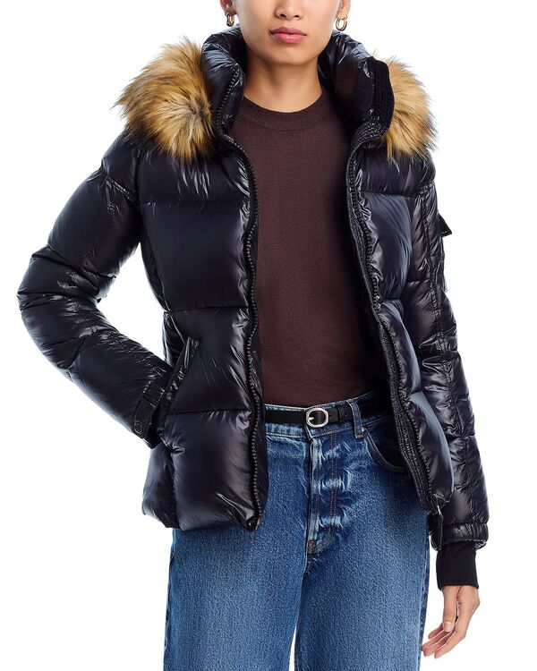アクア レディース アウター ジャケット・ブルゾン AQUA Gloss Puffer Jacket with Faux Fur Trimmed Hood - Exclusive Jet/Natural 15,251円