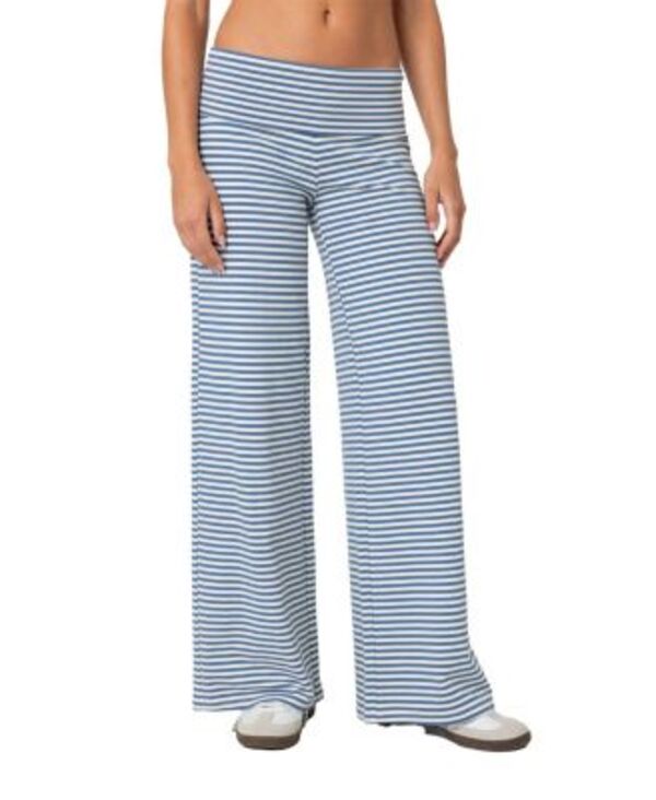 アディクテッド レディース ボトムス カジュアルパンツ Edikted Lilah Striped Fold Over Pants Blue and White ホワイト
