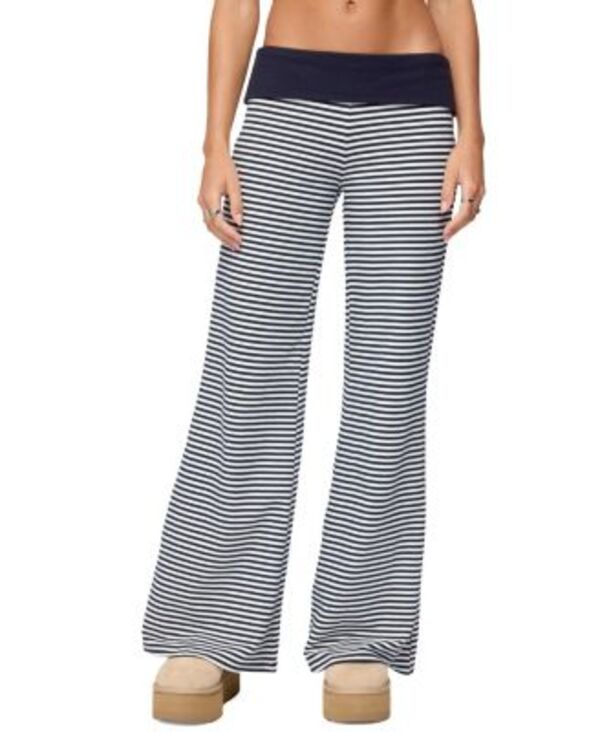 アディクテッド レディース ボトムス カジュアルパンツ Edikted Meggy Striped Fold Over Pants Navy-And-White ホワイト