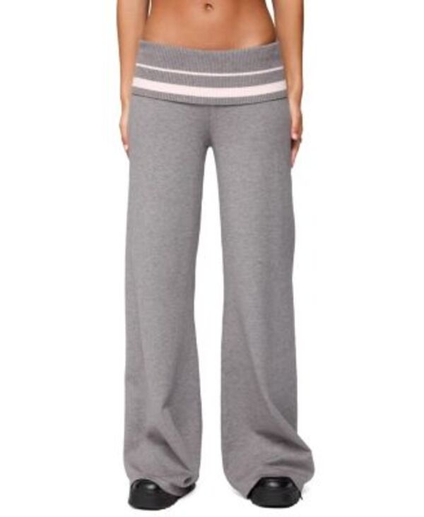 アディクテッド レディース ボトムス カジュアルパンツ ニット Edikted Kaliya Stripey Fold Over Knit Pants Gray-Melange グレー