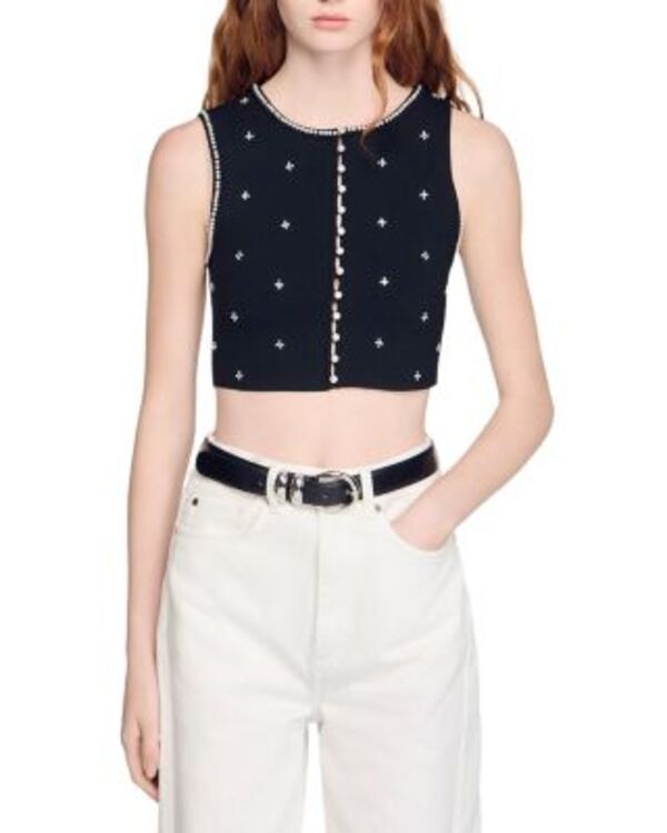 サンドロ レディース トップス シャツ 刺繍 Sandro Embellished Embroidered Crop Top Black ブラック|ReVida 店