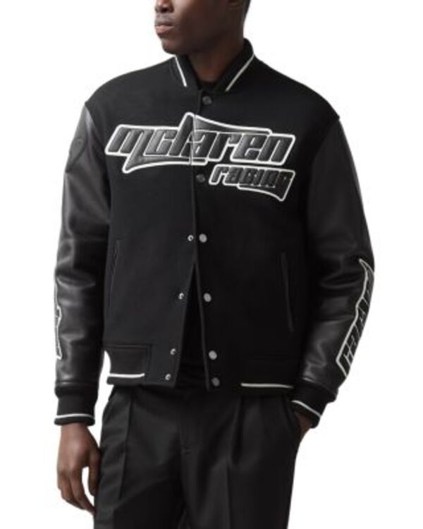 レイス メンズ アウター 上衣・上衣 絨毛 なめし革 REISS McLaren Circuit Leather Sleeve Wool Bomber Jacket Black 黒いこと メンズファッション-コート・ジャケット