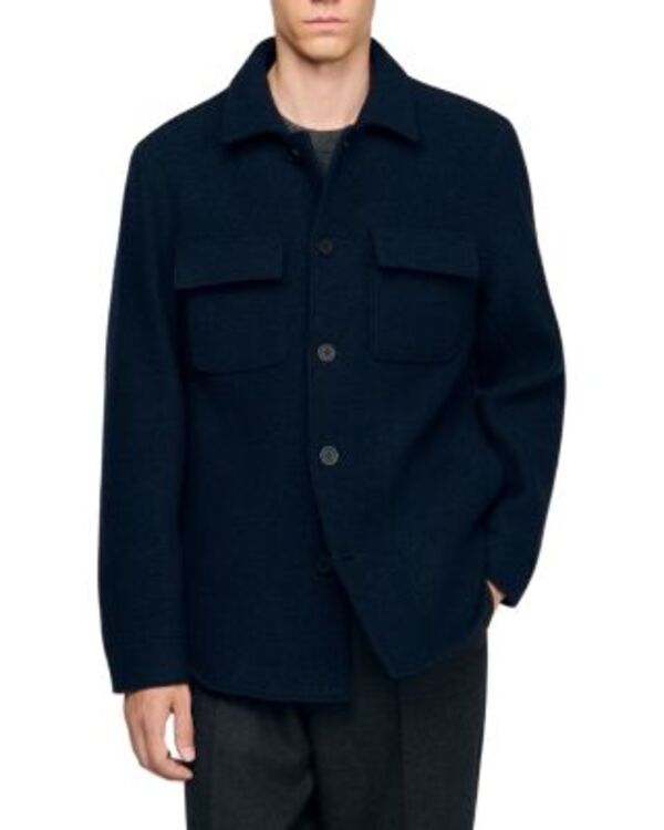 サンドロ メンズ アウター ジャケット・ブルゾン ウール シャツ Sandro Wool Boucle Shirt Jacket Midnight Blue ブルー