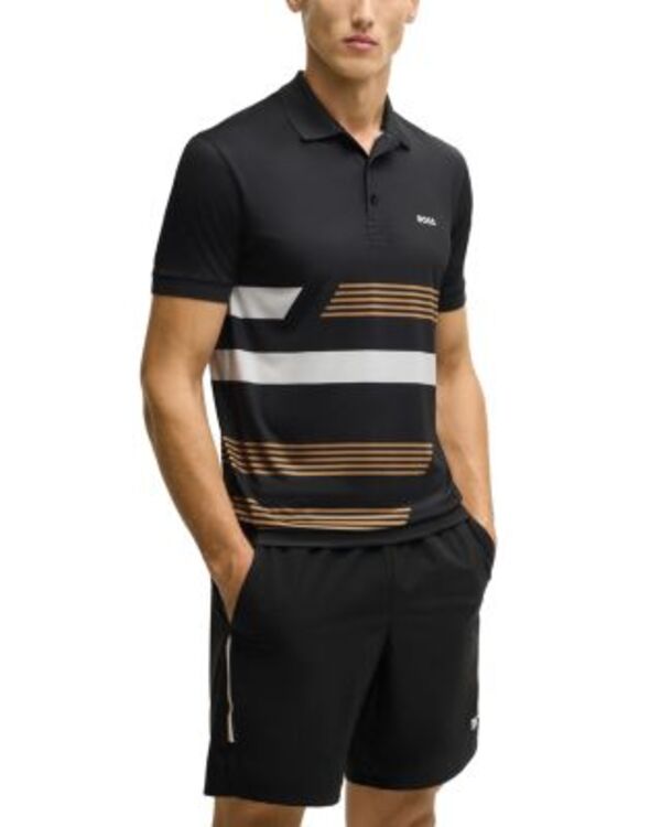 ボス メンズ トップス ポロシャツ プリント BOSS Paddy Tape Print Polo Black ブラック｜ReVida 店