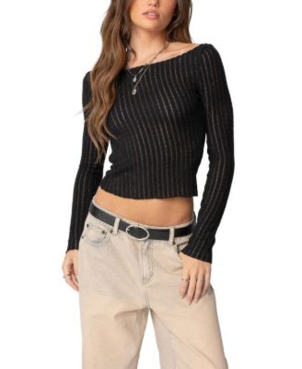 アディクテッド レディース トップス シャツ シアー Edikted Textured Sheer Boat Neck Top Black ブラック
