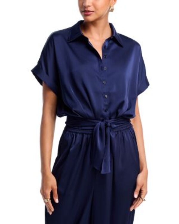 アクア レディース トップス シャツ サテン AQUA Tie Front Satin Shirt Navy ネイビー