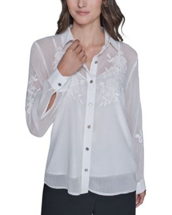 カール ラガーフェルド レディース トップス シャツ 刺繍 ブラウス KARLAGERFELD PARIS Long Sleevembroidered Flower Blouse Soft White ホワイト