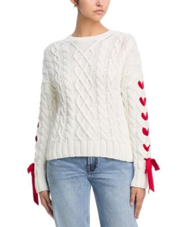 アクア レディース アウター ニット・セーター AQUA Cable Knit Ribbon Weave Sweater - Exclusive Ivory/Red アイボリー