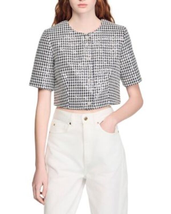 サンドロ レディース アウター ジャケット・ブルゾン ツイード クロップド Sandro Cropped Houndstooth Tweed Jacket Black White ホワイト 79,640円