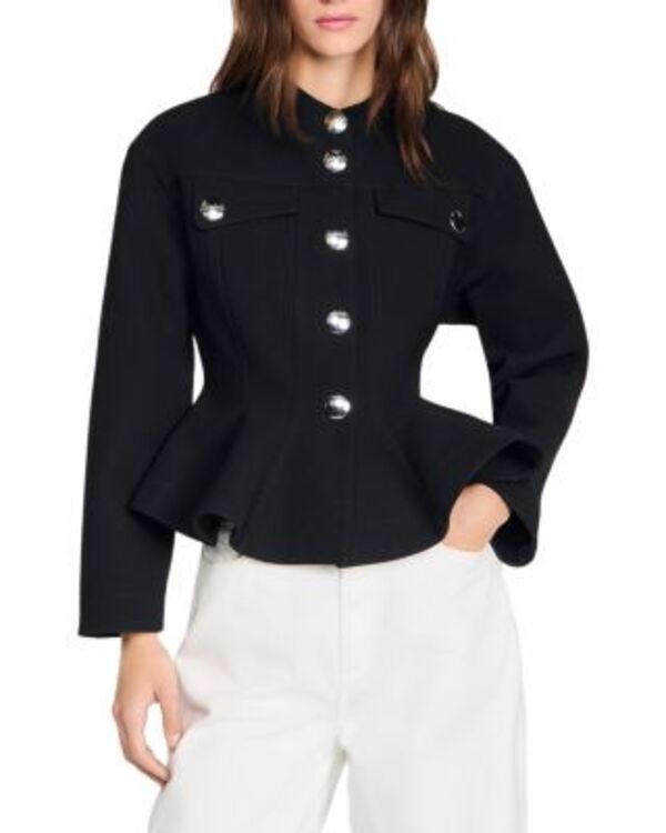 サンドロ レディース アウター ジャケット・ブルゾン フリル クロップド Sandro Cropped Ruffle Peplum Jacket Black ブラック