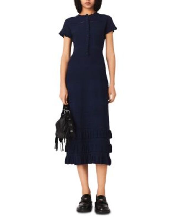 マージュ レディース トップス ワンピース フリル ミディ Maje Pointelle Midi Dress with Ruffles Navy ネイビー
