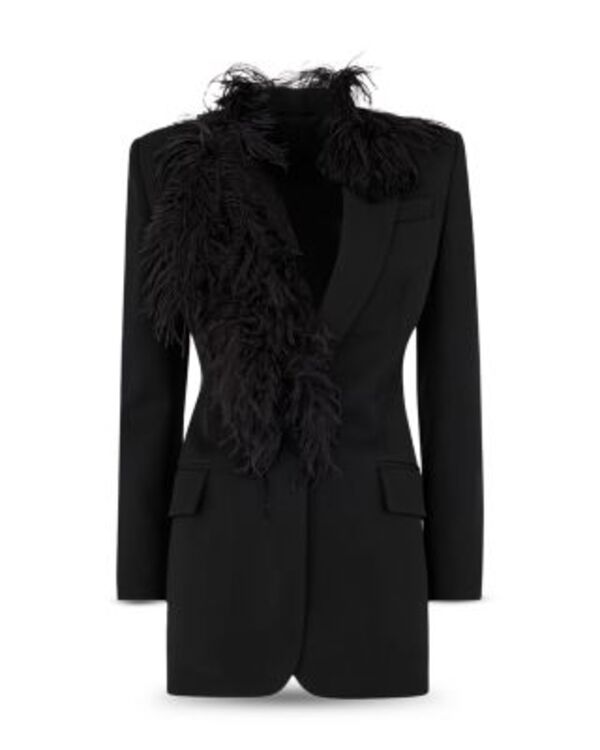 ジ アティコ レディース アウター 上衣・上衣 絨毛 THE ATTICO Wool Jacket with Ostrich Feather Trim Black 黒いこと コート・ジャケット-レディースファッション