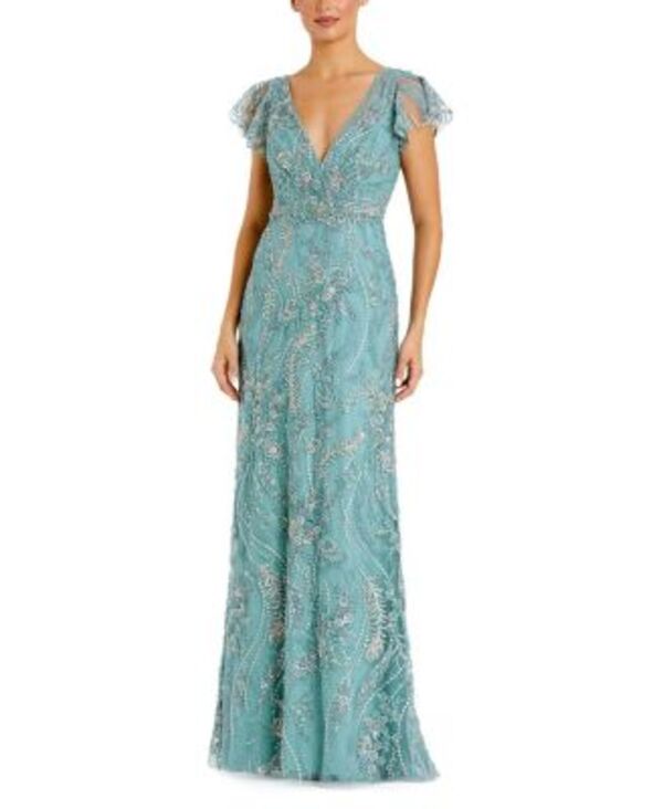 マックダガル レディース トップス 衣装 Vのど首 御花柄 刺しゅう 御花 Mac Duggal V-Neck Flutter Sleeve Floral Embroidered Gown Seafoam