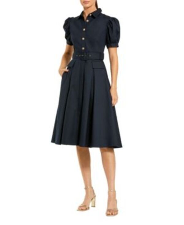 マックダガル レディース トップス 衣装 MIDI Mac Duggal Puff Sleeve Twill Button Up Midi Dress with Belt Midnight