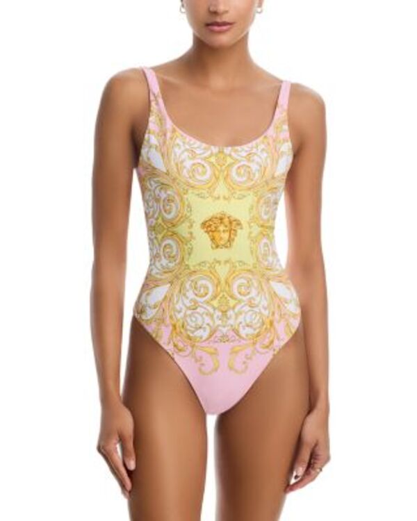 ヴェルサーチ レディース 水着 上下セット プリント Versace Printed Scoop Neck One Piece Swimsuit Pale Yellow/ Rose Quartz イエロー