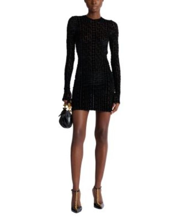 バルマン レディース トップス ワンピース ベルベット Balmain Short Monogrammed Velvet Dress Black ブラック｜ReVida 店 148,400円