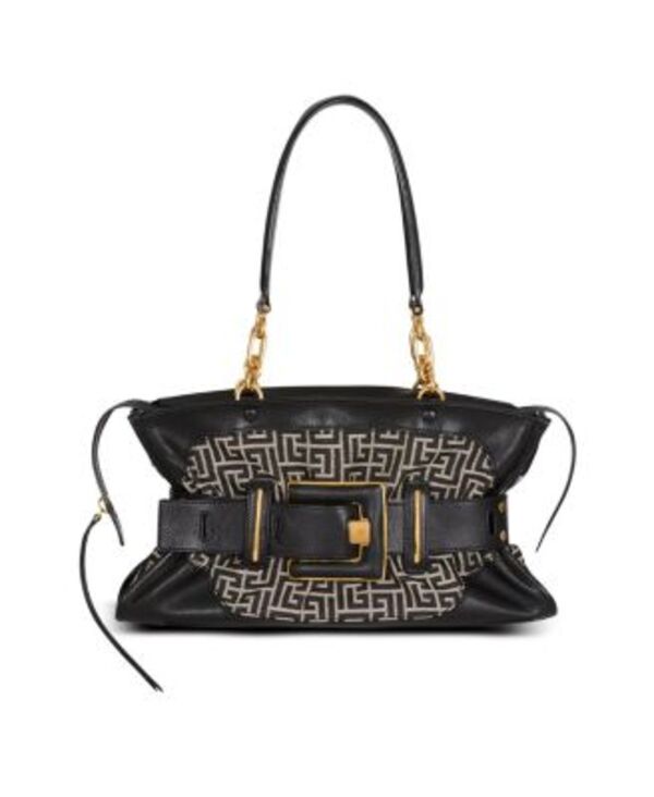 バルマン レディース 御徒面子 なめし革 Balmain Leather and Monogram Jacquard Anthem Bag Black 黒いこと